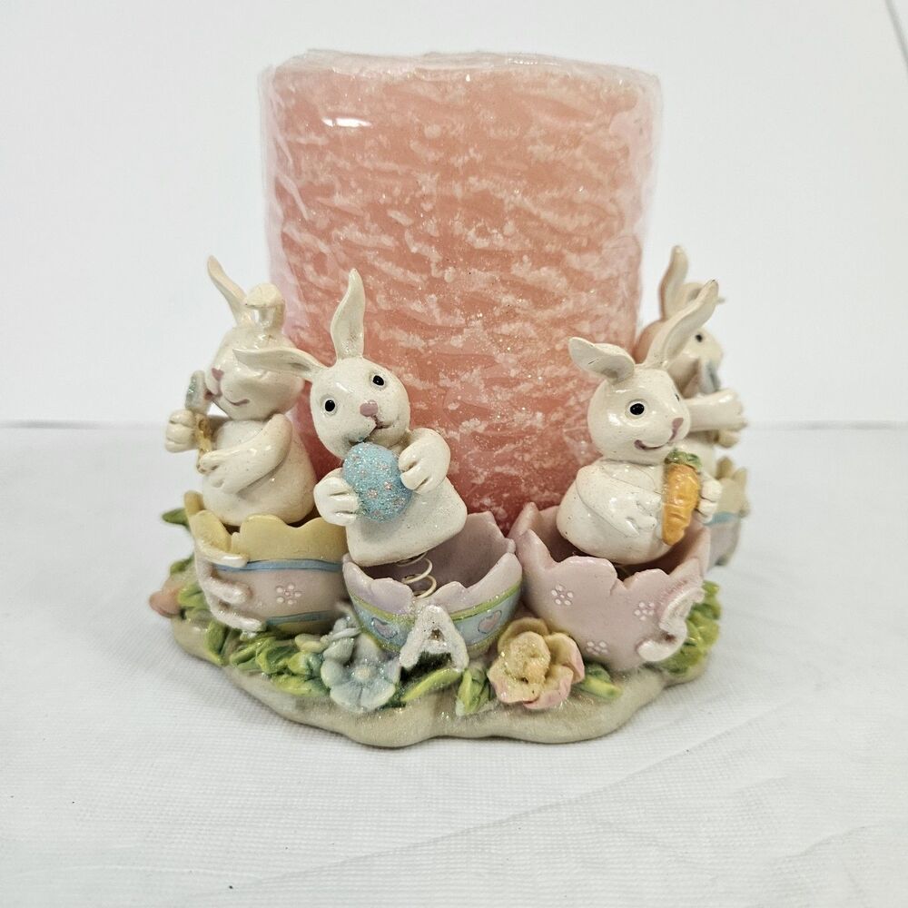 Easter pillar circle candle holder bunnies chicks floral resin sealed 4x3 candle